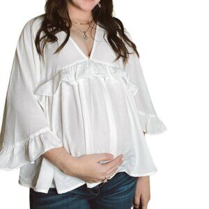 Entro Medium M 3/4 Sleeve Chic Effortless Blouse with Off-White Ruffle Maternity